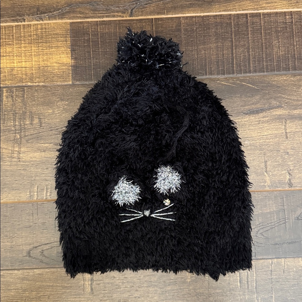 “Claire’s” Fuzzy Black Pom Beanie with Whisker Detail